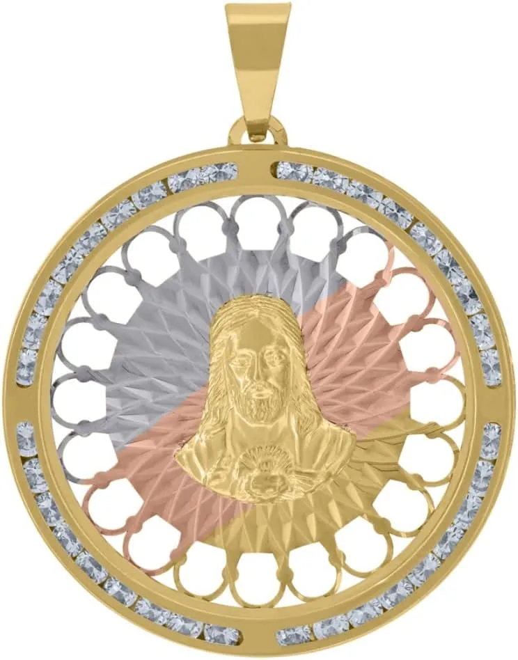 Diamond2Deal 10k Tri-Color Gold Cubic-Zirconia Textured Sacred Heart of Jesus Religious Charm Pendant for Mom