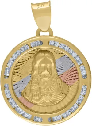 Diamond2Deal 14K Tri-Color Gold Cubic Zirconia Textured Religious Jesus Charm Pendant for Mom