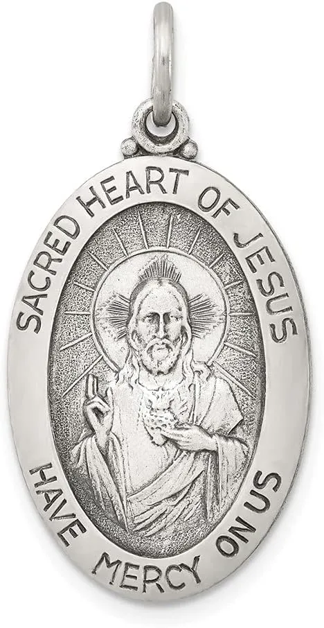 Diamond2Deal 925 Sterling Silver Antiqued Sacred Heart of Jesus Medal Pendant (L- 26 mm W- 14 mm)