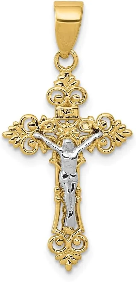 Diamond2Deal Mothers Day Gifts 14K Yellow Gold Two-tone Small Lacey-edged INRI Religious Crucifix Cross Pendant for Mom 29mm L-