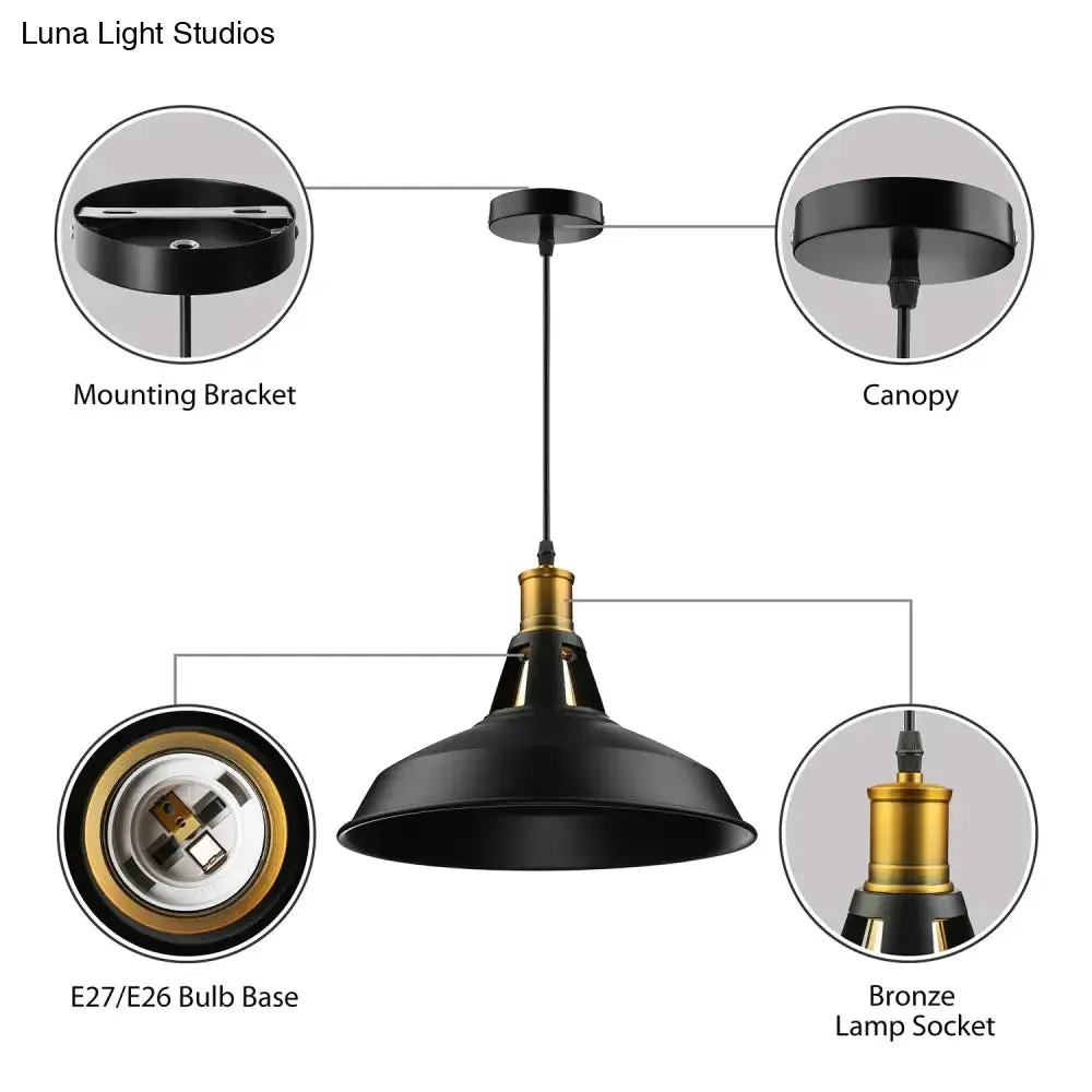 Dining Room Ceiling Light Fixture: 10.5"/12"/15" W 1-Light Hanging Light with Barn Shade - Farmhouse Style in Black/White/White Inner