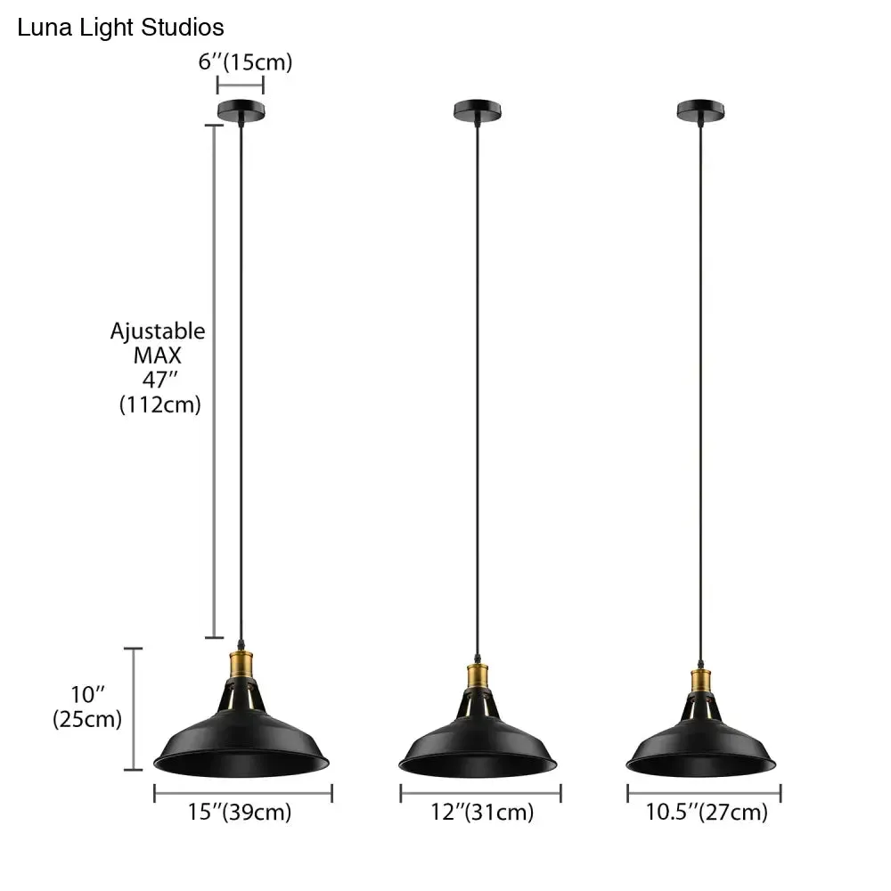 Dining Room Ceiling Light Fixture: 10.5"/12"/15" W 1-Light Hanging Light with Barn Shade - Farmhouse Style in Black/White/White Inner