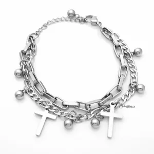 Double Layered Women's Bracelet with Dangle Cross Charms - Silver