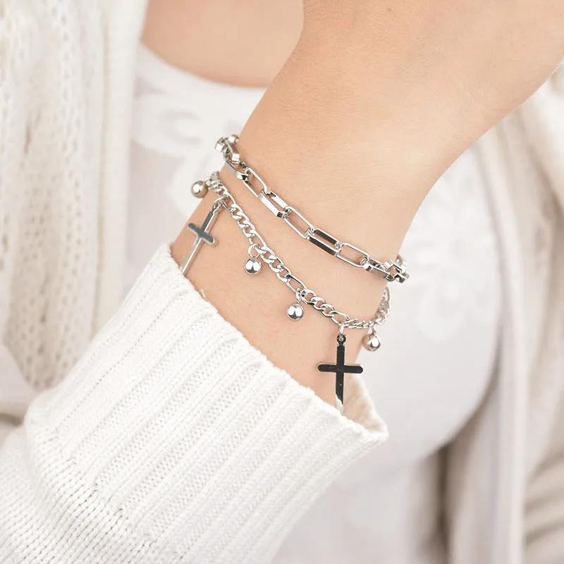 Double Layered Women's Bracelet with Dangle Cross Charms - Silver