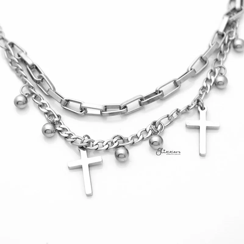 Double Layered Women's Bracelet with Dangle Cross Charms - Silver