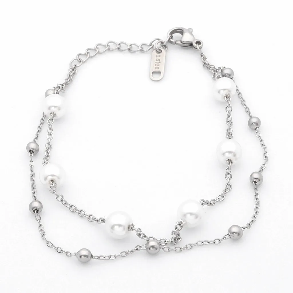 Double Layered Women's Bracelet with Pearl Charms - Silver