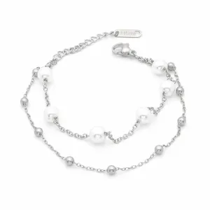 Double Layered Women's Bracelet with Pearl Charms - Silver