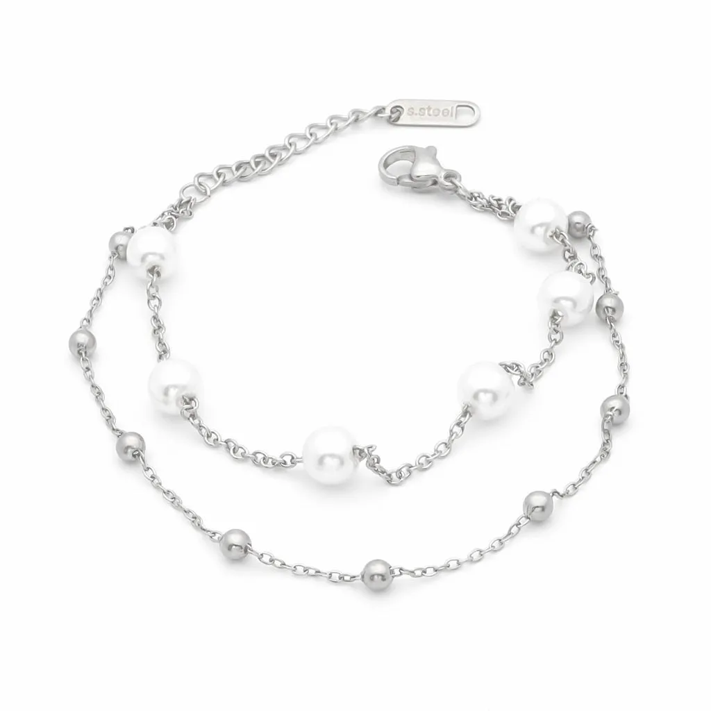 Double Layered Women's Bracelet with Pearl Charms - Silver