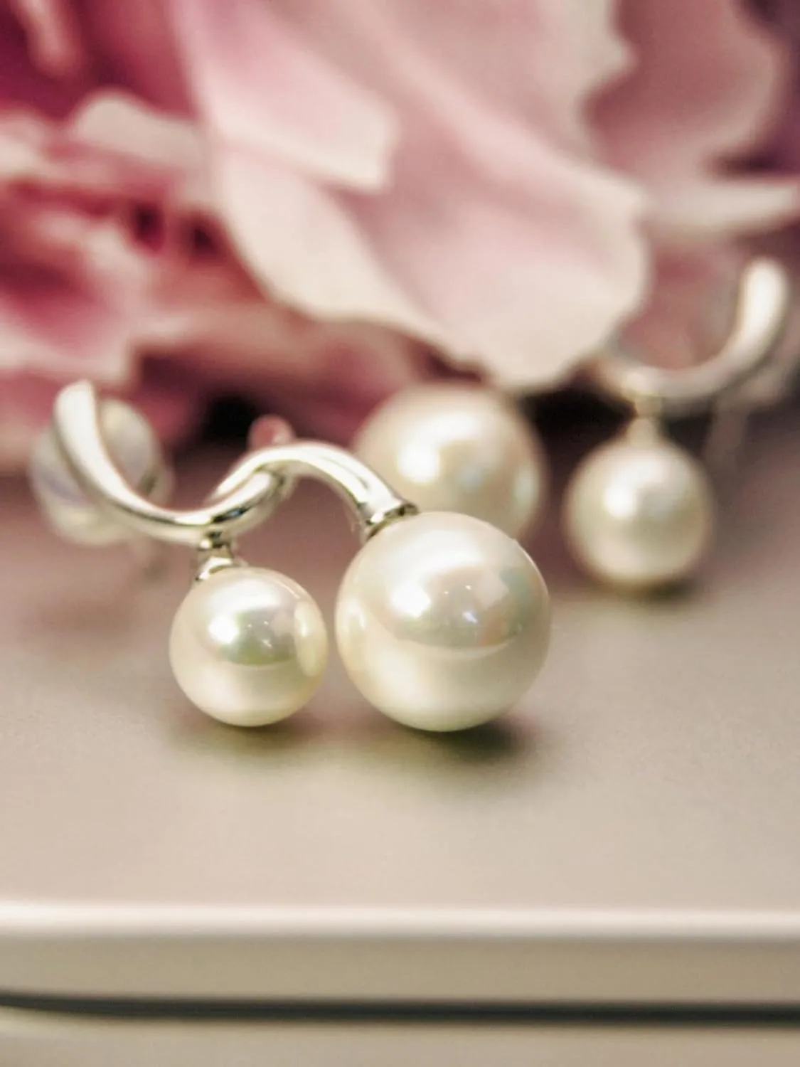 Double Pearls Stud Earrings - Dainty 18K Gold/White Gold Plated 925 Sterling Silver Dangle, 8mm and 6mm White Round Pearls Drop, Wedding Jewelry for Brides Bridesmaid