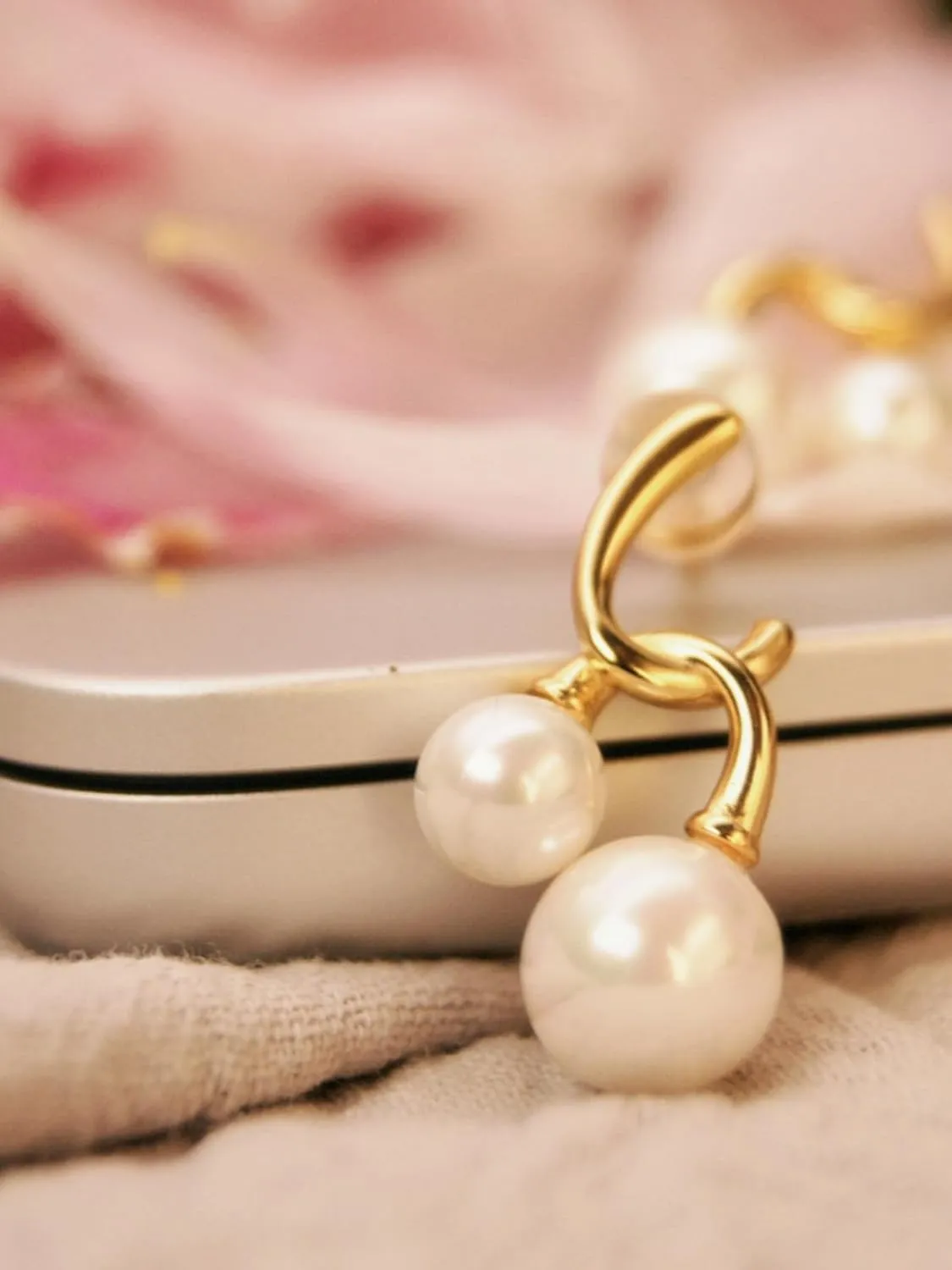Double Pearls Stud Earrings - Dainty 18K Gold/White Gold Plated 925 Sterling Silver Dangle, 8mm and 6mm White Round Pearls Drop, Wedding Jewelry for Brides Bridesmaid