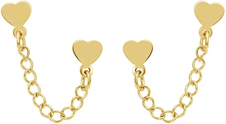 Double Piercing Heart Love 16g Stud With Short Chain Cuff Silver Black Plated Stainless Steel Earrings for Women Cartilage Two Holes Screw Back Piercing Fashion Climber Crawler Hypoallergenic