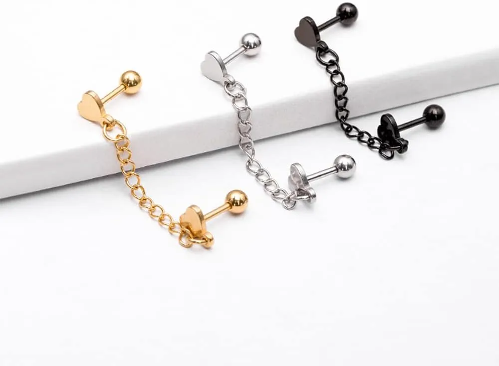 Double Piercing Heart Love 16g Stud With Short Chain Cuff Silver Black Plated Stainless Steel Earrings for Women Cartilage Two Holes Screw Back Piercing Fashion Climber Crawler Hypoallergenic