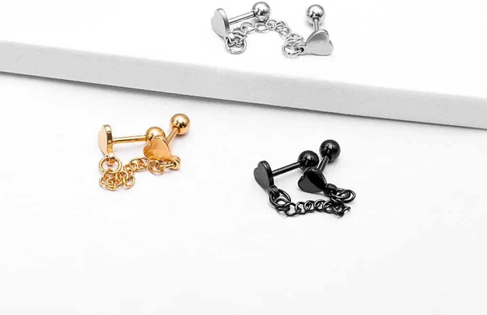 Double Piercing Heart Love 16g Stud With Short Chain Cuff Silver Black Plated Stainless Steel Earrings for Women Cartilage Two Holes Screw Back Piercing Fashion Climber Crawler Hypoallergenic