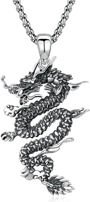 Dragon Necklace 925 Sterling Silver Pendant Necklaces for Men Boys Son 22 Inches Chain Fashion Dragon Jewelry Birthday Gift