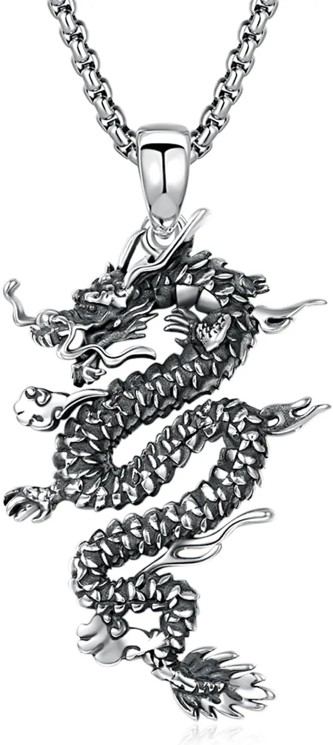 Dragon Necklace 925 Sterling Silver Pendant Necklaces for Men Boys Son 22 Inches Chain Fashion Dragon Jewelry Birthday Gift