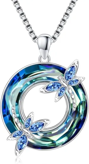 Dragonfly Crystal Necklace for Women 925 Sterling Silver Animal Blue Circle Crystal Pendant Birthday Jewelry Gifts for Daughter