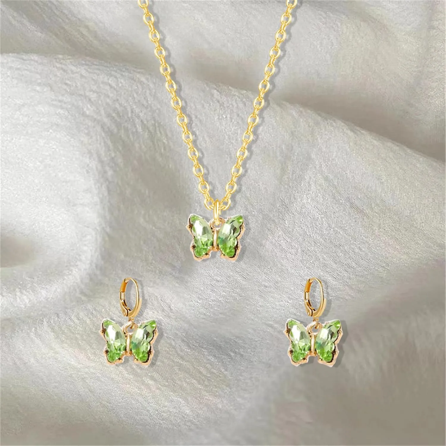 Dreuyet Butterfly Necklace Earrings Set for Women Dainty Y2K Rhinestone Butterfly Pendant Necklace Cute Boho Butterfly Hoop Earrings