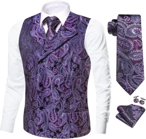Dubulle Mens Double Breast Suit Vest Floral Paisley Vest and Tie for Men Pocket Square Cufflinks Wedding