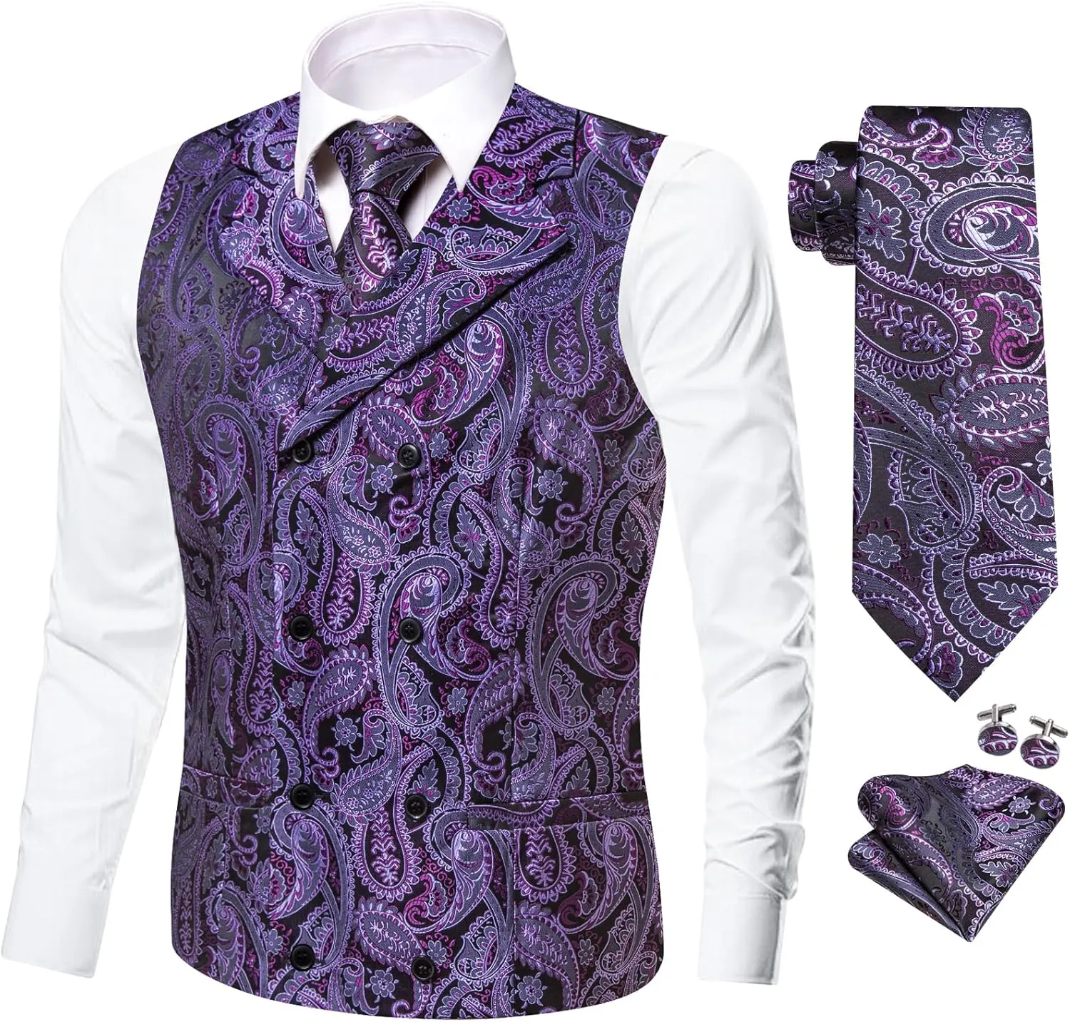 Dubulle Mens Double Breast Suit Vest Floral Paisley Vest and Tie for Men Pocket Square Cufflinks Wedding