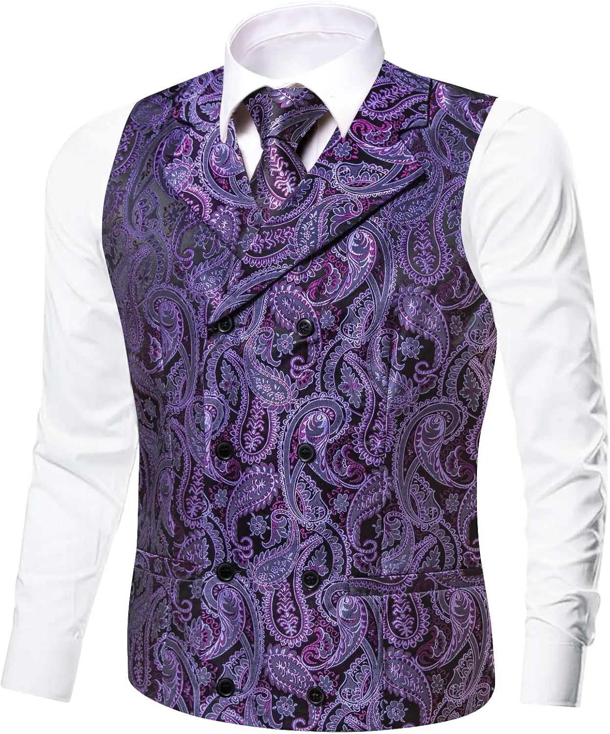 Dubulle Mens Double Breast Suit Vest Floral Paisley Vest and Tie for Men Pocket Square Cufflinks Wedding