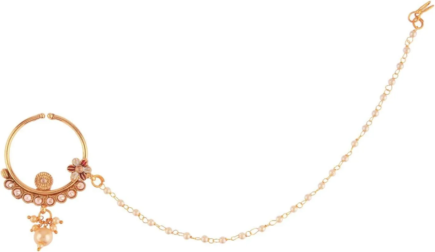 Efulgenz Bridal Indian Nose Ring for Women with Chain Nath Nose Ring Crystal Wedding Nose Ring Hoop Pin Stud Fake Septum Nose Ring with Chain Nose To Ear Chain Non Piercing Body Jewelry