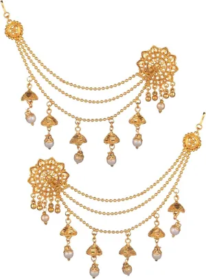 Efulgenz Indian Bollywood Jewelry 14K Gold Plated Dangling Earring with Layered Jhumka Tassels Ear Support Chain Hair Accessory gold
