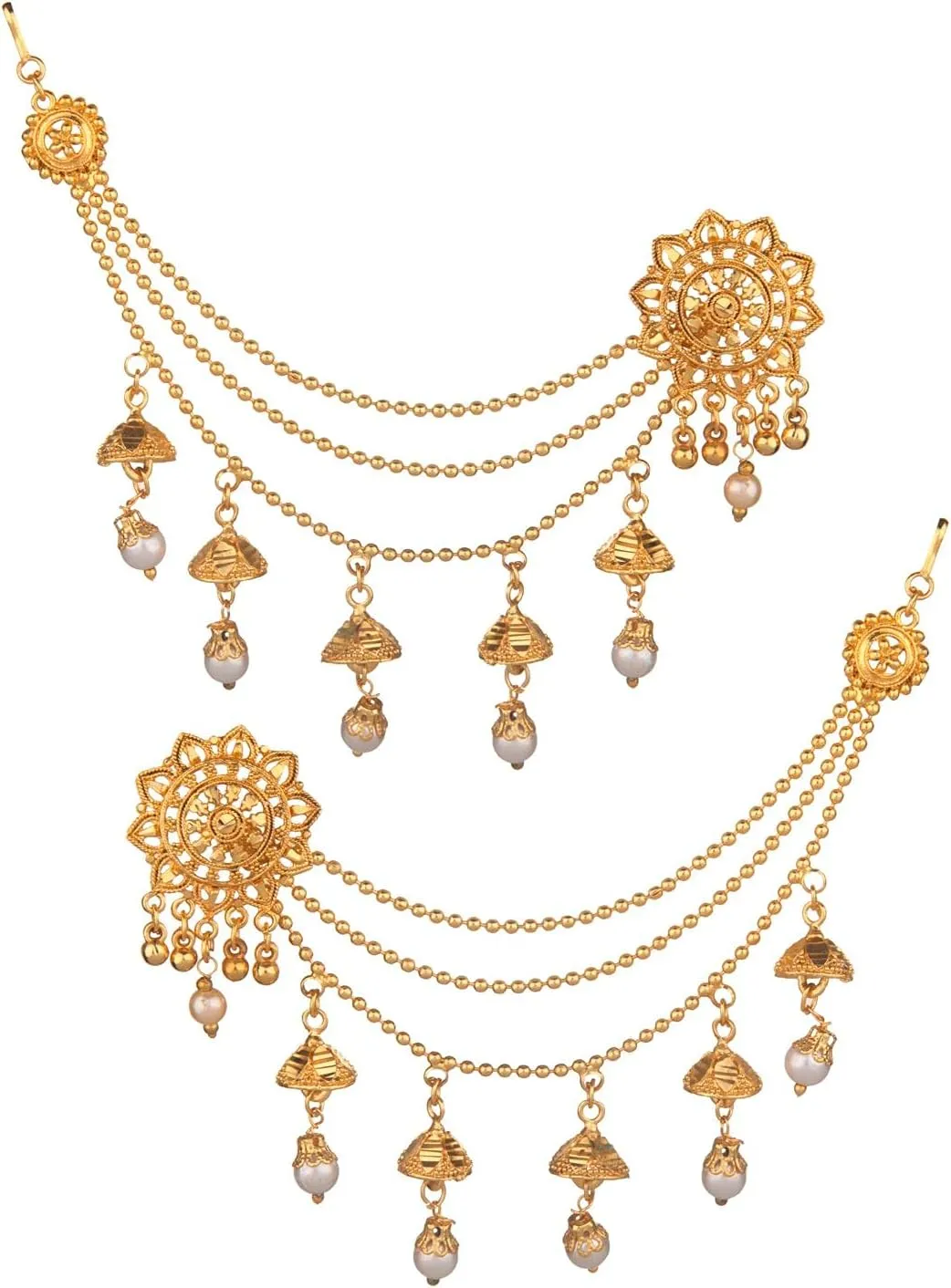 Efulgenz Indian Bollywood Jewelry 14K Gold Plated Dangling Earring with Layered Jhumka Tassels Ear Support Chain Hair Accessory gold
