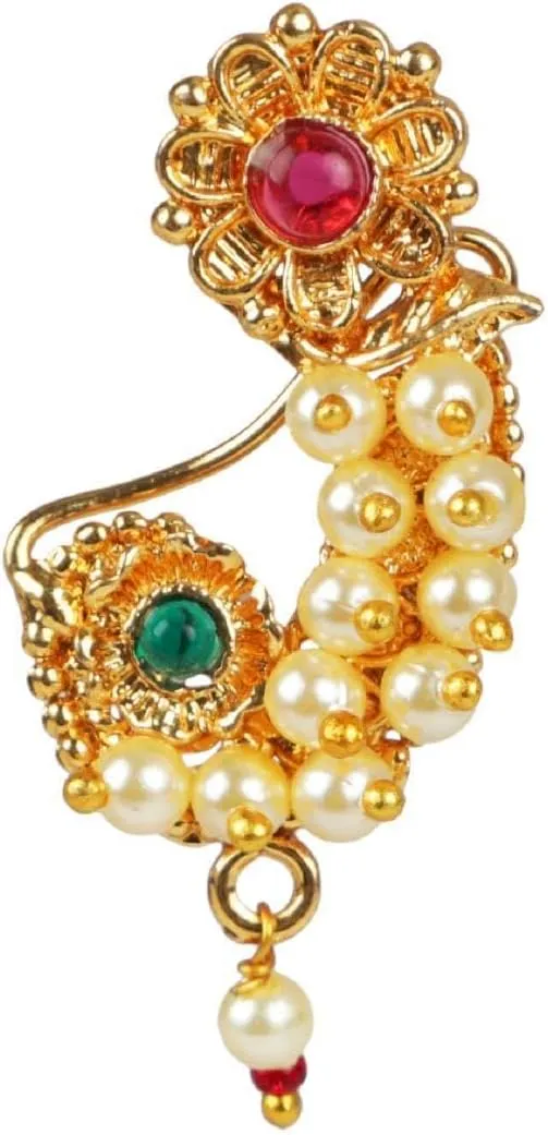 Efulgenz Indian Jewelry Faux Pearl Nose Ring Hoop Pin Septum Ring with Chain Nose to Ear Chain Non Piercing Body Jewelry