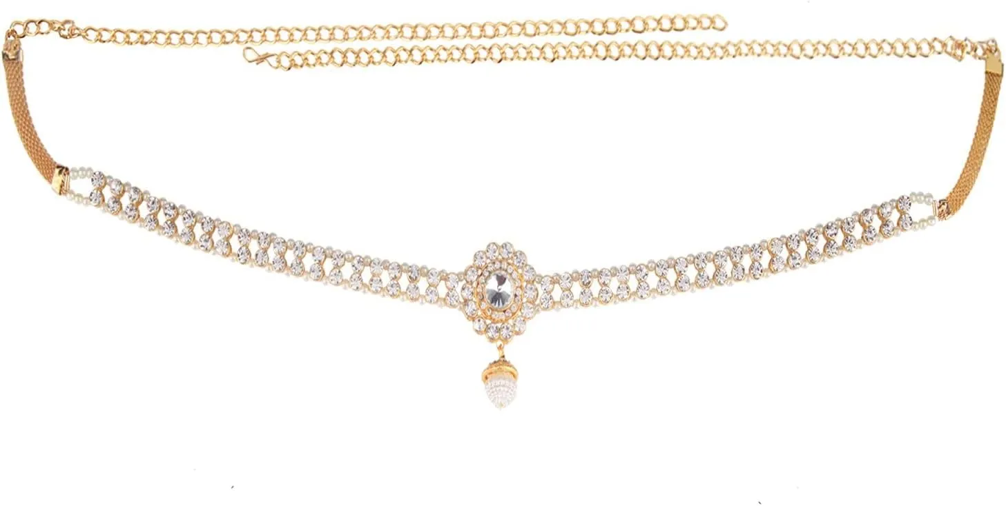 Efulgenz Indian Kamarbandh Indian Waist Belt For Saree Indian Bollywood Vintage Gold Plated Pearl Kundan Rhinestone Crystal Waist Belt Belly Chain Kamar Bandh Bridal Body Jewelry