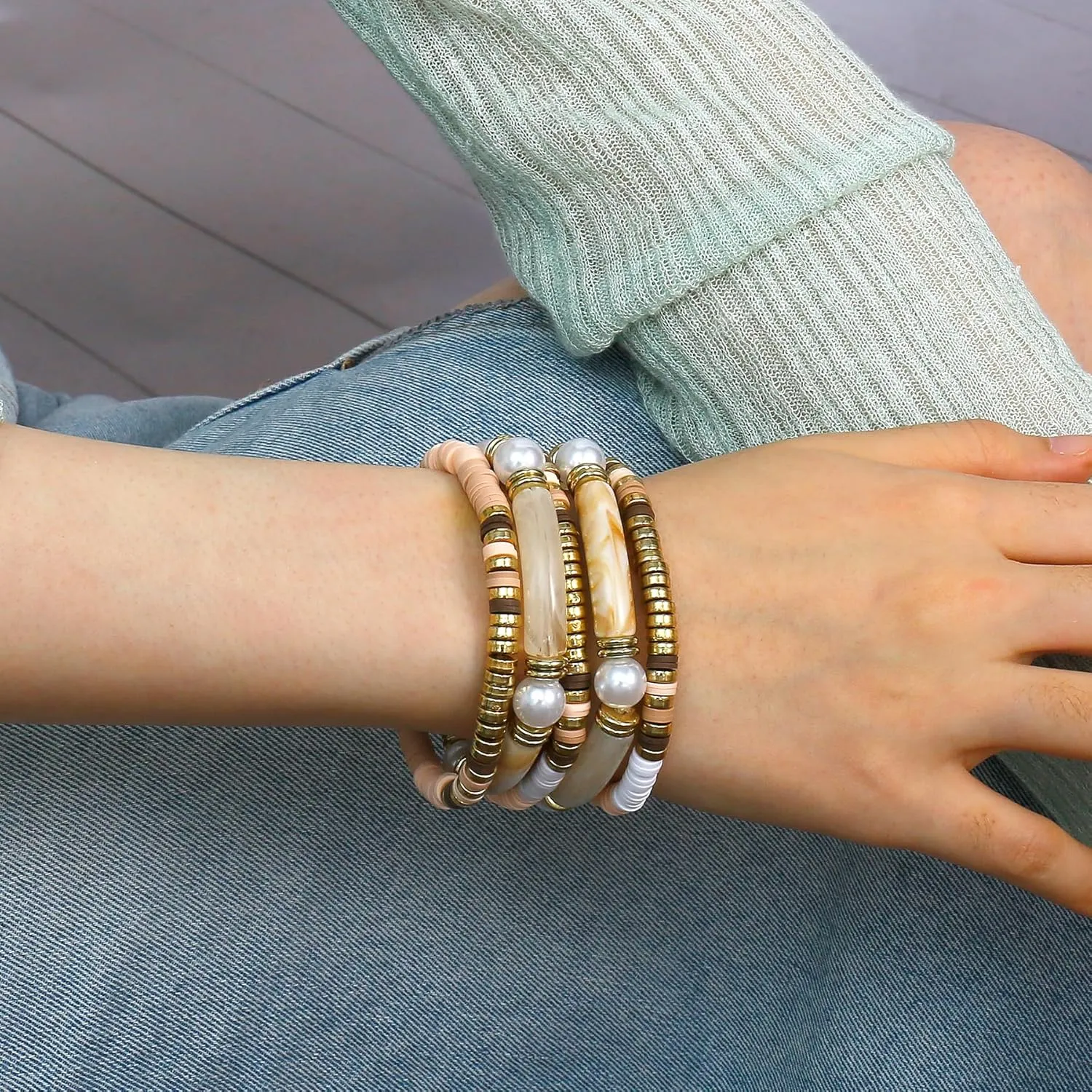 Elegance 11 designs Bamboo Tube Chunky Bangle Bracelets For Women Stack Stretch Clay Beaded Stackable Bracelet Set Jewelry Trendy Gift For Women