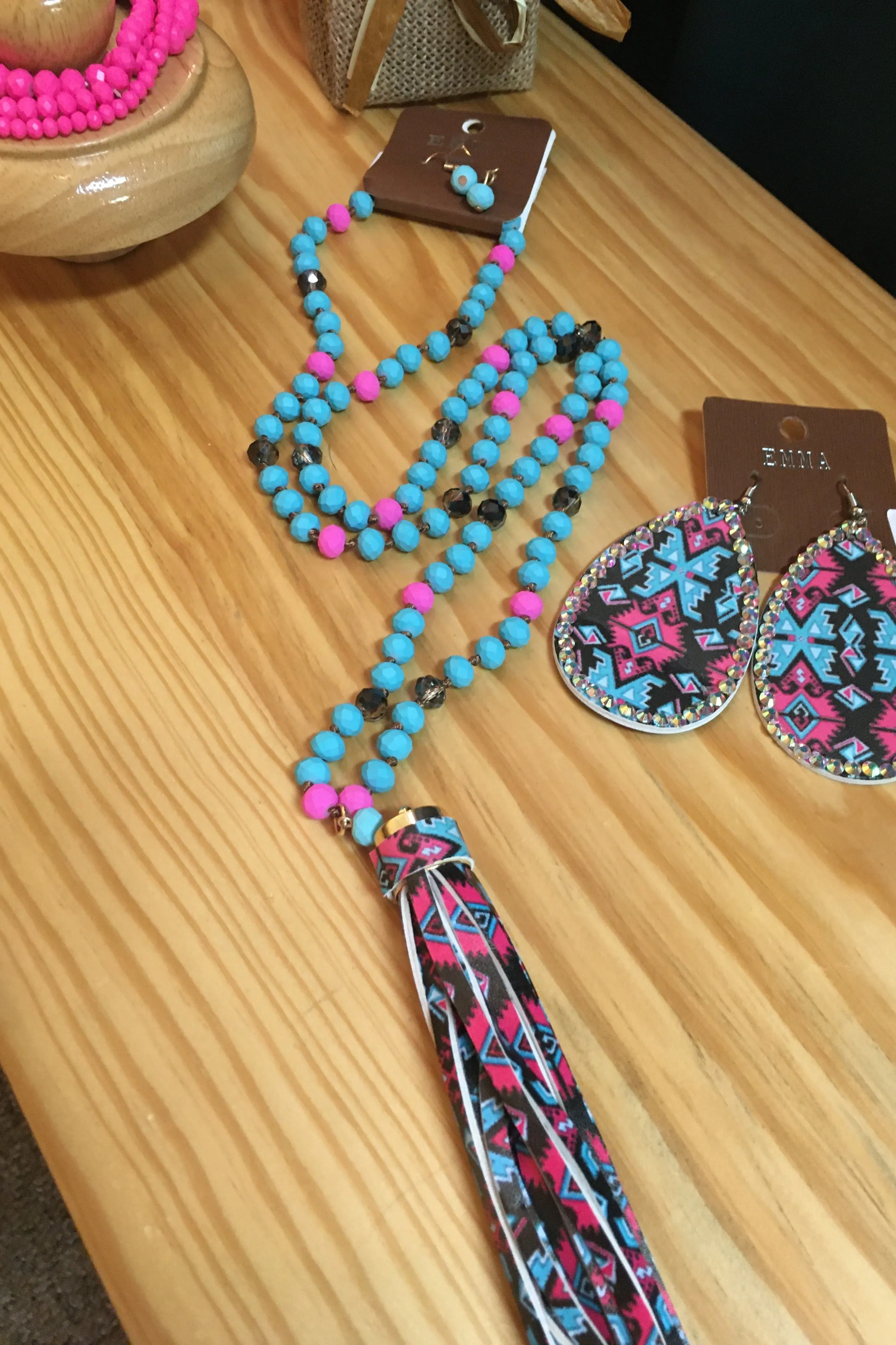 Emma Bright Turquoise And Hot Pink Aztec Earrings