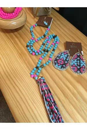 Emma Bright Turquoise And Hot Pink Aztec Necklace