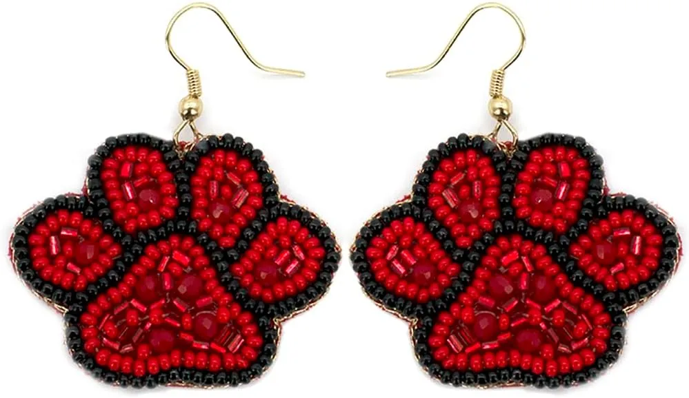 Emulily Beaded Colorful Paw Post Earrings Handmade Black and Red Paw Earrings