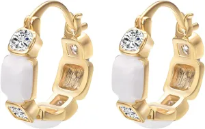 Enamel Hoop Earrings for Women 14K Gold Plated CZ Cubic Zirconia Hoop Earrings Jewelry(Green and White)