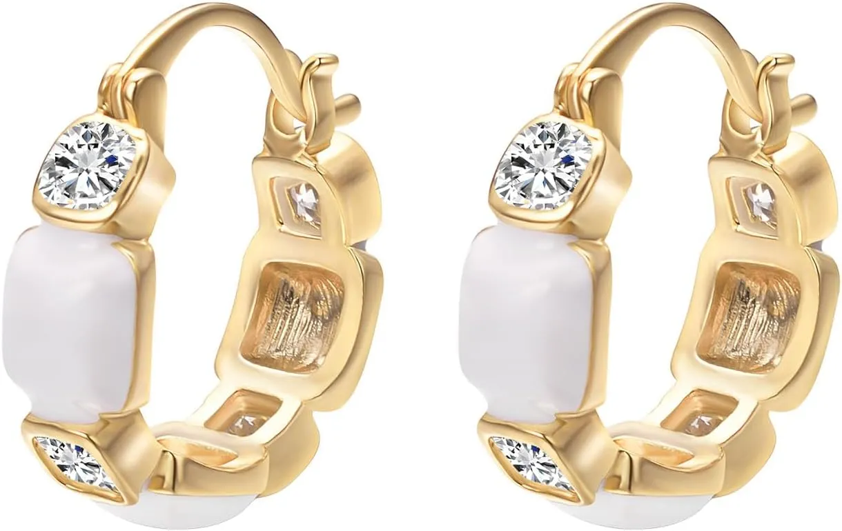 Enamel Hoop Earrings for Women 14K Gold Plated CZ Cubic Zirconia Hoop Earrings Jewelry(Green and White)