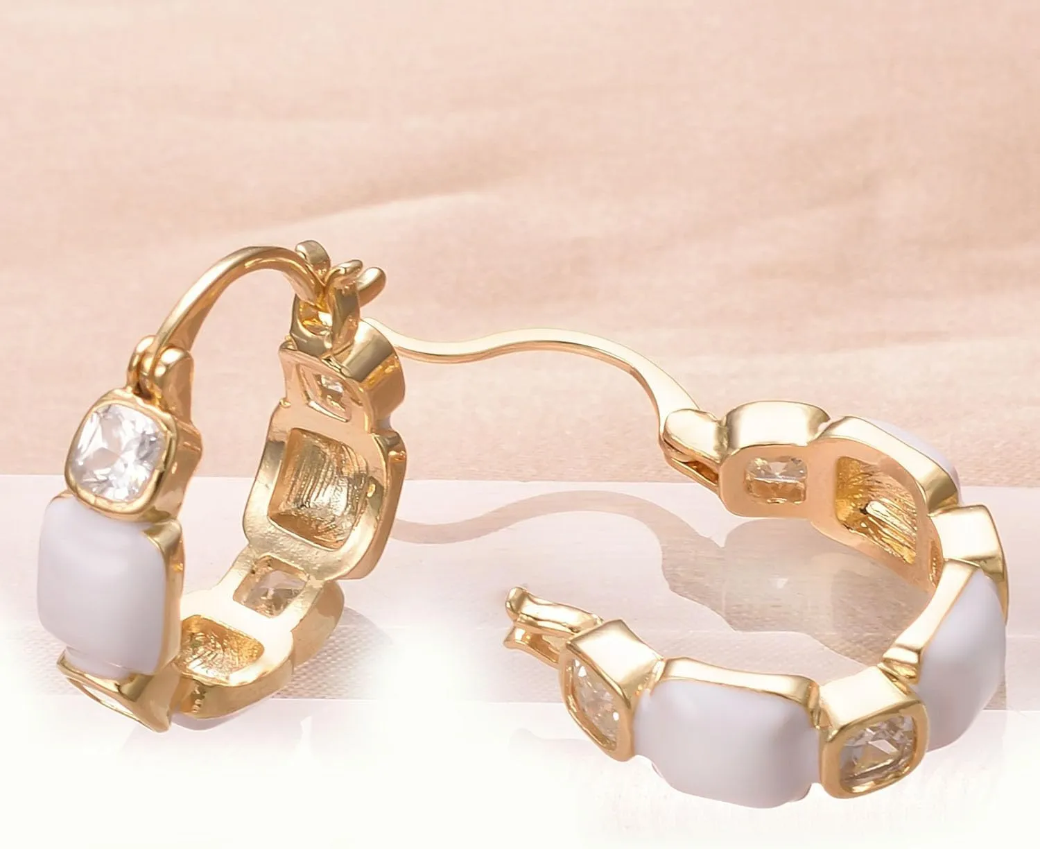 Enamel Hoop Earrings for Women 14K Gold Plated CZ Cubic Zirconia Hoop Earrings Jewelry(Green and White)