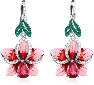 Enamel Leaf Flower Pendant Rhinestone Inlaid Leverback Earrings Drop Glue Dyed Gemstone Dangle Earrings Statement Jewelry Gift for Women Mom