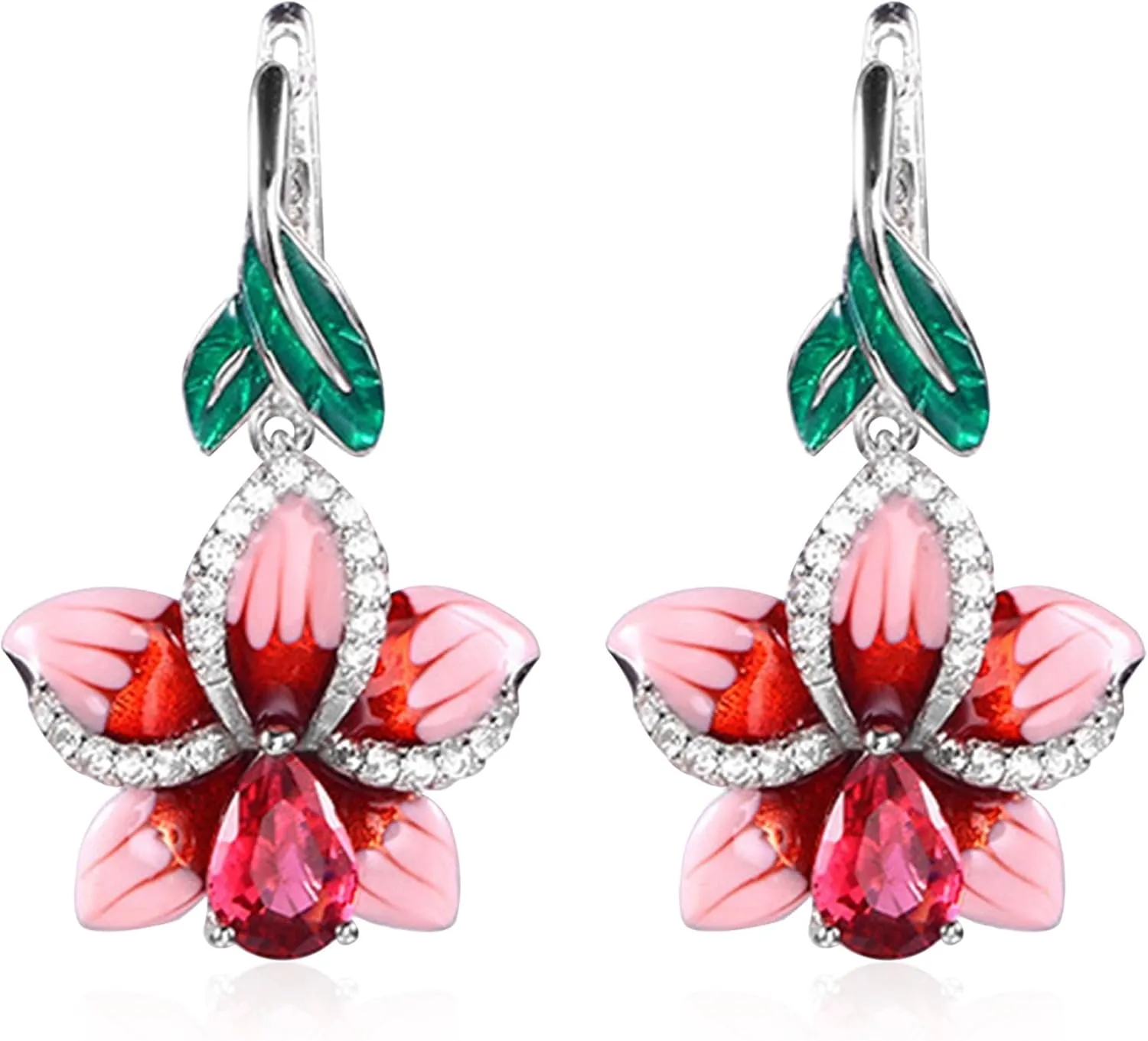 Enamel Leaf Flower Pendant Rhinestone Inlaid Leverback Earrings Drop Glue Dyed Gemstone Dangle Earrings Statement Jewelry Gift for Women Mom