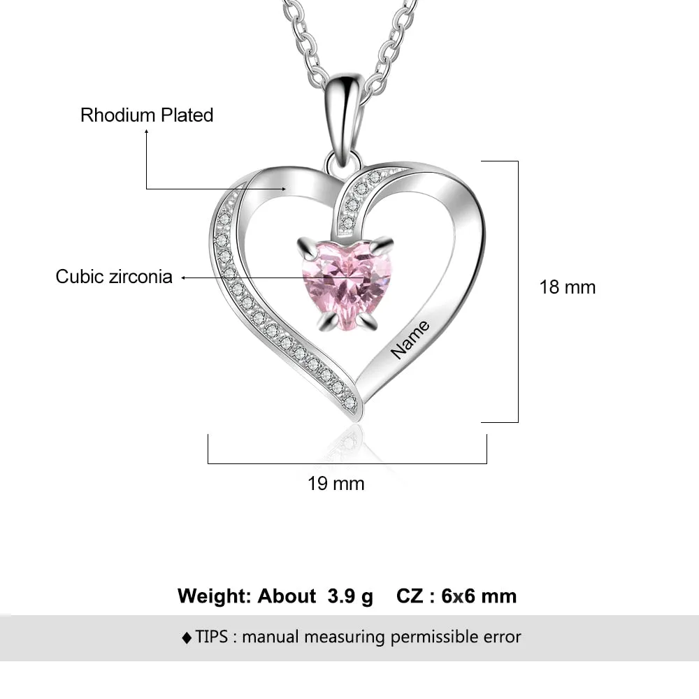 Engrave Name Heart Pendants with Customize Birthstone Necklace