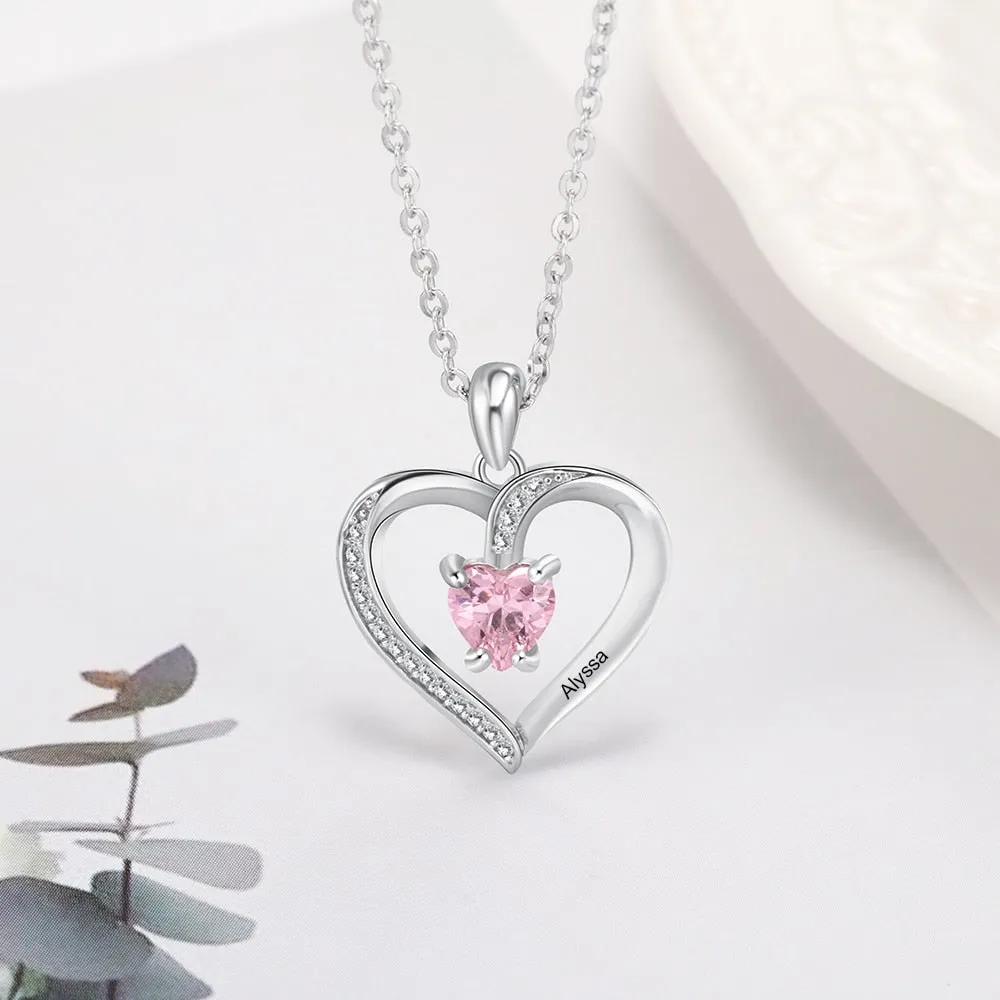 Engrave Name Heart Pendants with Customize Birthstone Necklace