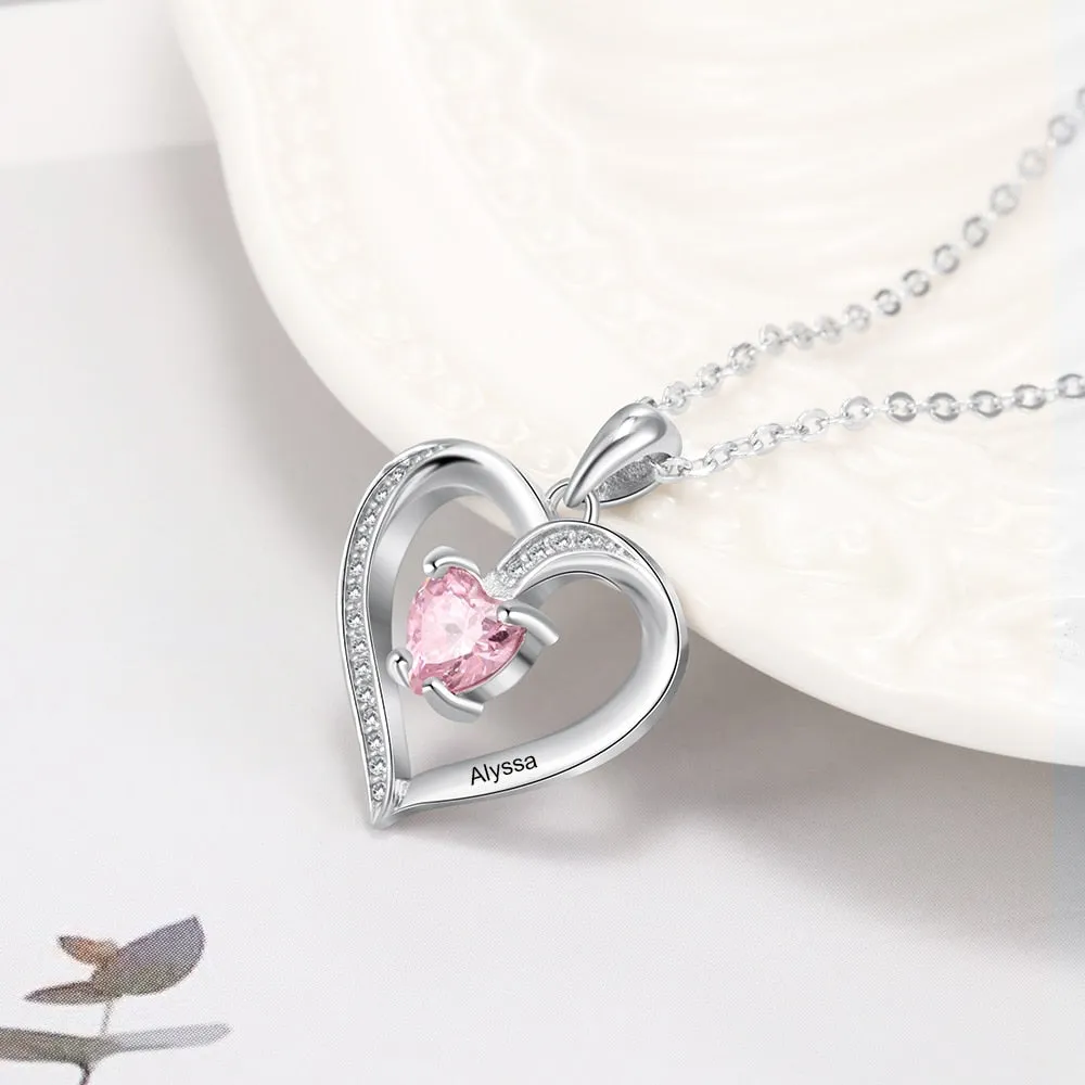 Engrave Name Heart Pendants with Customize Birthstone Necklace