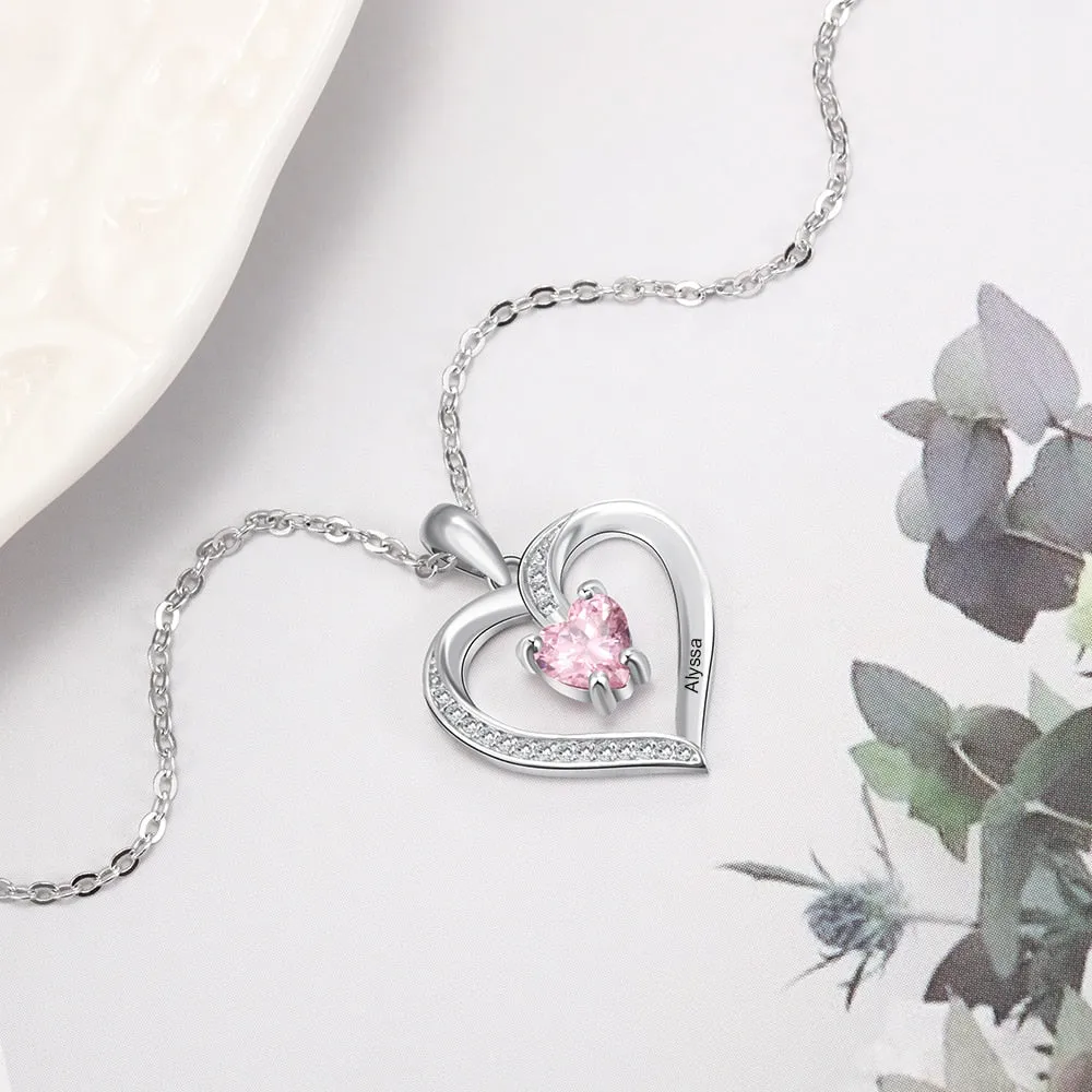 Engrave Name Heart Pendants with Customize Birthstone Necklace