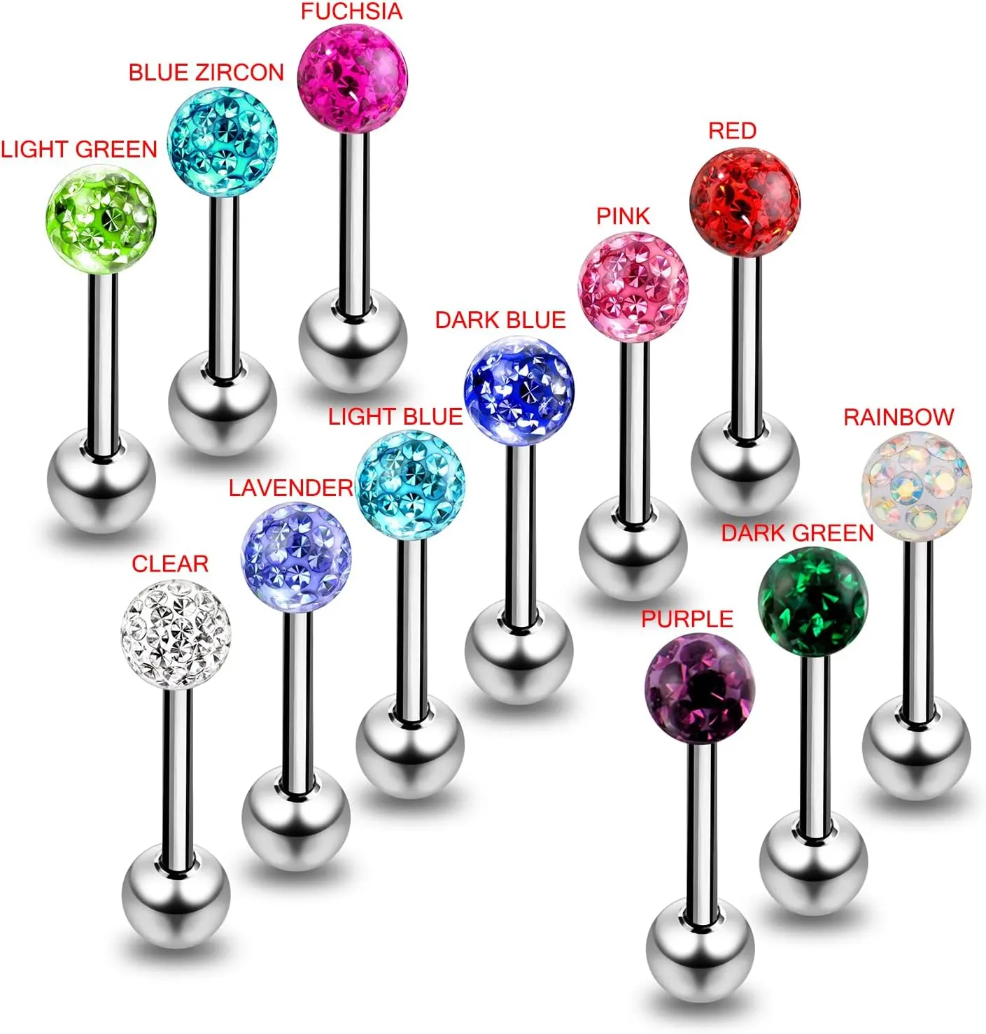 Epoxy Multi Fuchsia Crystal Stone Ball with 14 Gauge 316L Surgical Steel Tongue Ring