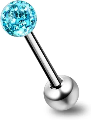 Epoxy Multi Light Blue Crystal Stone Ball with 14 Gauge 316L Surgical Steel Tongue Ring