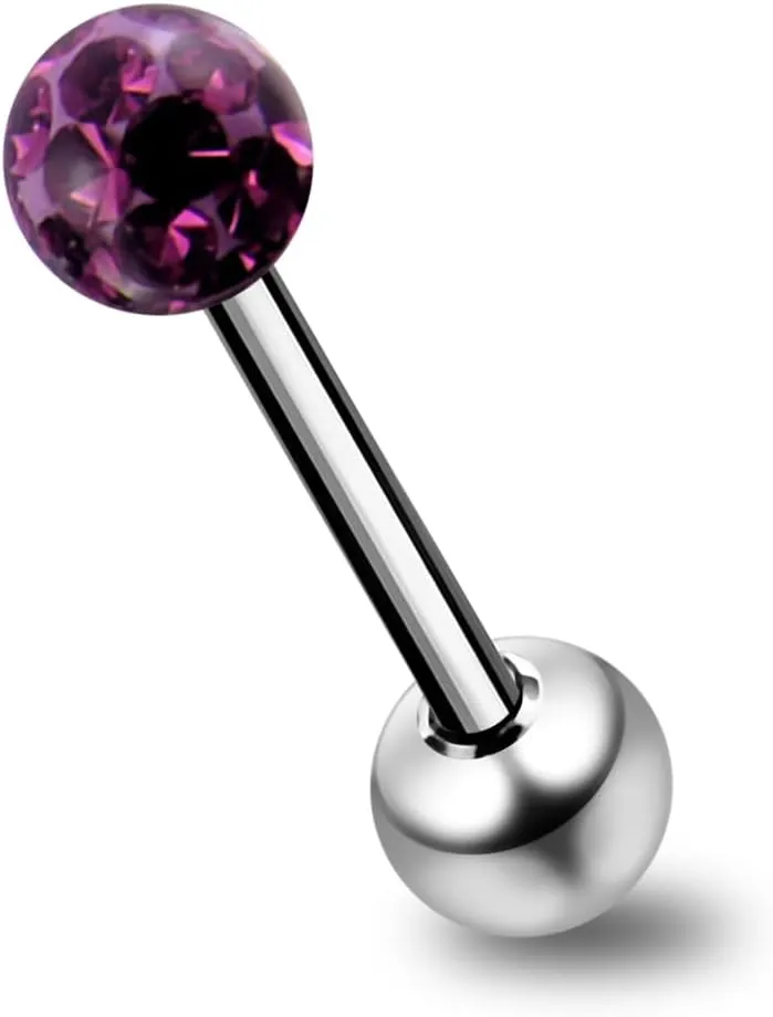 Epoxy Multi Purple Crystal Stone Ball with 14 Gauge 316L Surgical Steel Tongue Ring