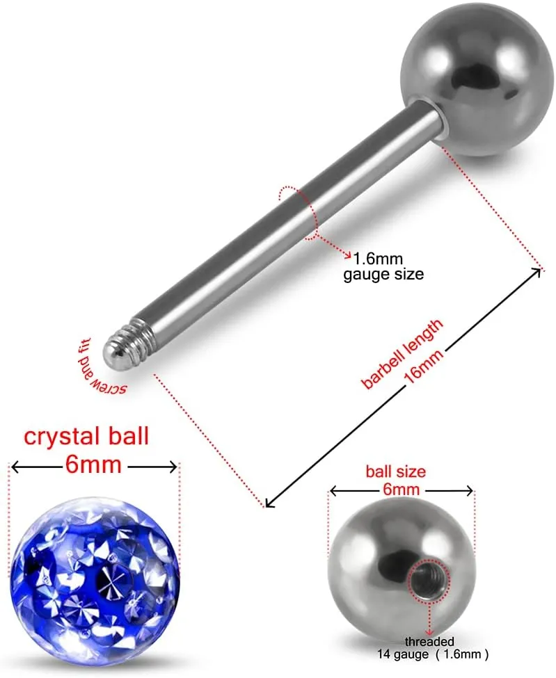Epoxy Multi Rainbow Crystal Stone Ball with 14 Gauge 316L Surgical Steel Tongue Ring