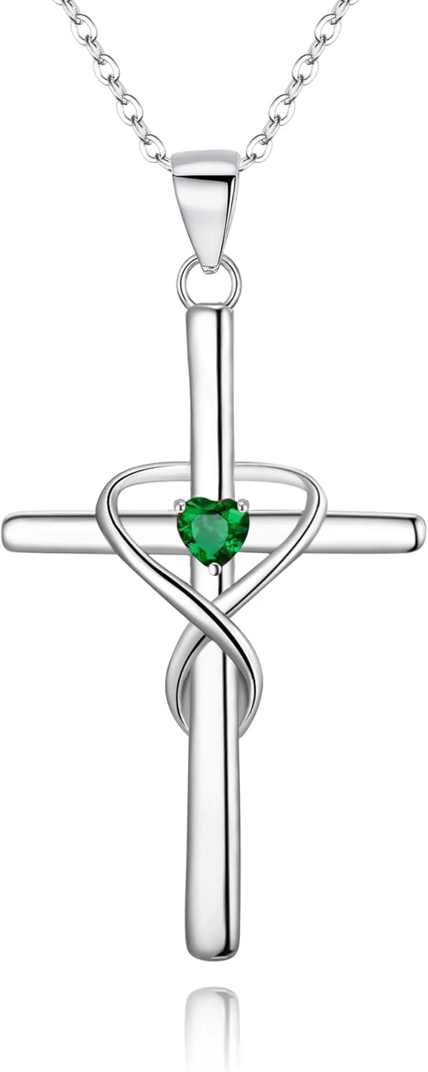 EVER FAITH 925 Sterling Silver Birthstone Cross Necklace for Women, Heart Cubic Zirconia Infinity Pendant Necklaces Birthday/Mothers Day/Valentines/Christmas Jewelry Gift for Her