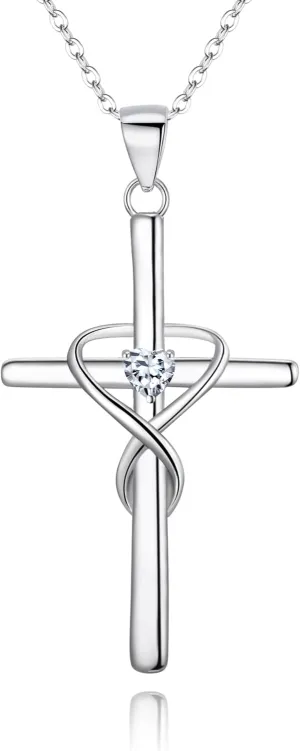EVER FAITH 925 Sterling Silver Birthstone Cross Necklace for Women, Heart Cubic Zirconia Infinity Pendant Necklaces Birthday/Mothers Day/Valentines/Christmas Jewelry Gift for Her