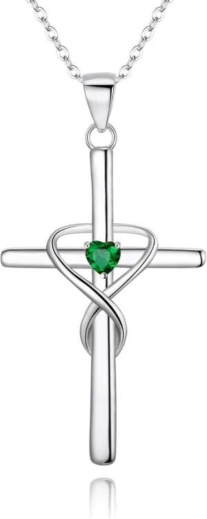 EVER FAITH 925 Sterling Silver Birthstone Cross Necklace for Women, Heart Cubic Zirconia Infinity Pendant Necklaces Birthday/Mothers Day/Valentines/Christmas Jewelry Gift for Her