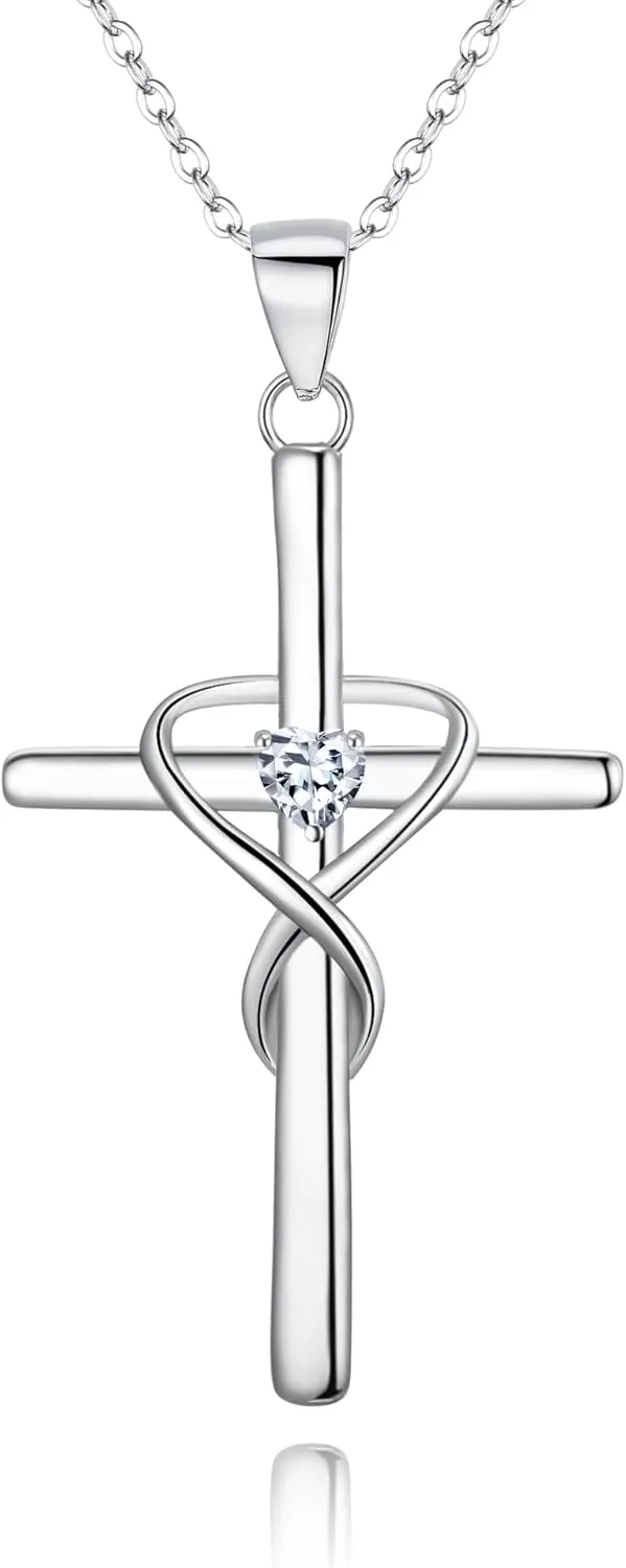 EVER FAITH 925 Sterling Silver Birthstone Cross Necklace for Women, Heart Cubic Zirconia Infinity Pendant Necklaces Birthday/Mothers Day/Valentines/Christmas Jewelry Gift for Her